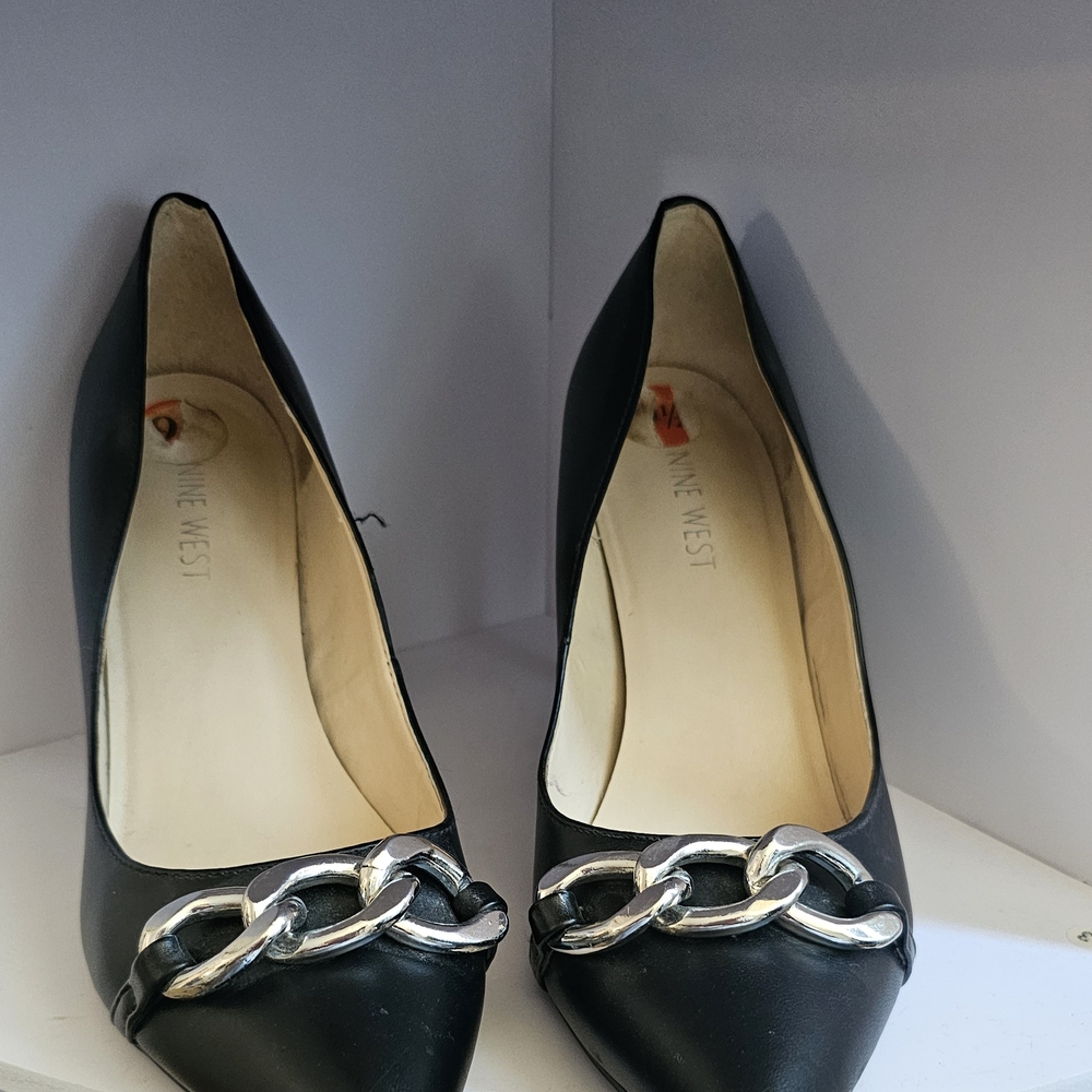 Nine West Black Heels with Silver Chain Accent